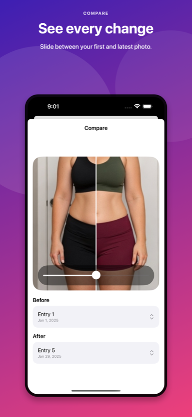 My Journey’s comparison screen with a slider between first and latest progress photos.