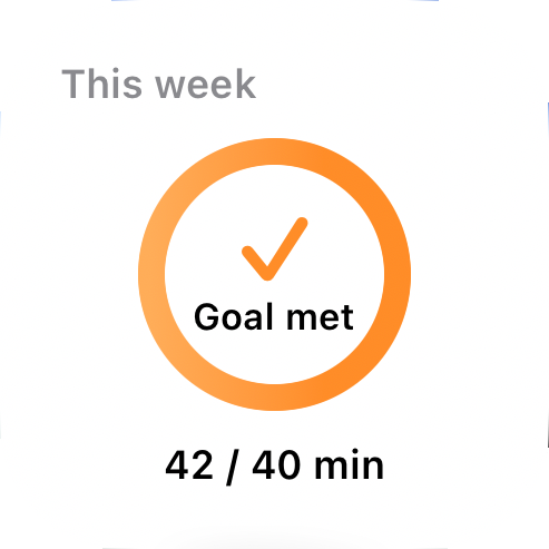 VO2Cue widget with a checkmark and Goal met, showing 42 of a personal goal of 40 active minutes.