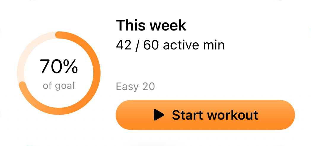 Medium VO2Cue widget showing 42 of 60 active minutes, 70 percent completion, and a Start workout button for Easy 20.