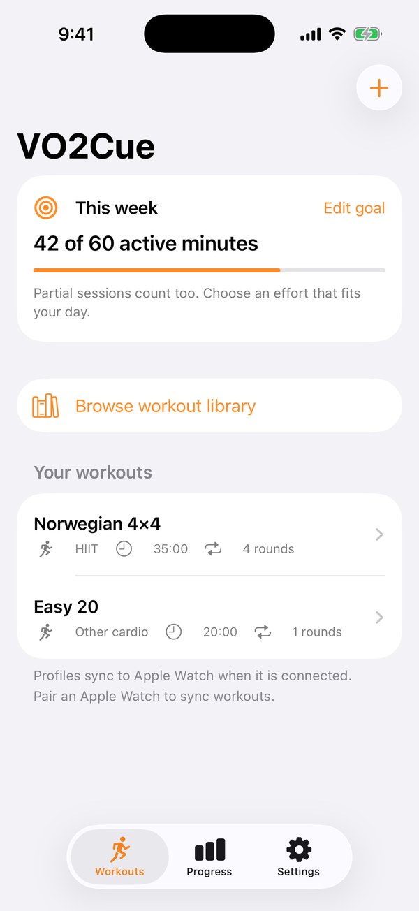 VO2Cue workout library with saved interval profiles.