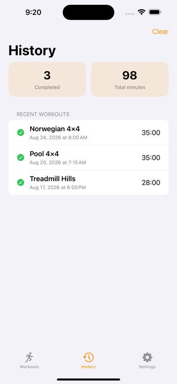 VO2Cue History screen with workout totals and recent sessions.