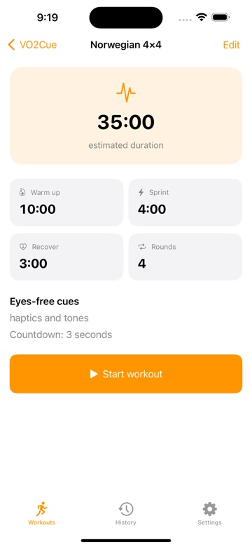 VO2Cue workout profile with duration, interval settings, and cues.