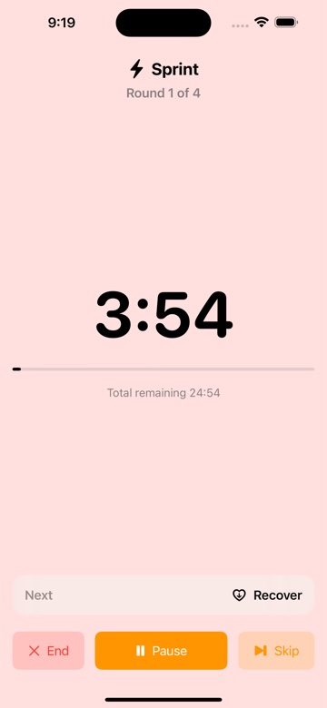 VO2Cue live timer showing Sprint, round 1 of 4, 3 minutes 54 seconds remaining, and End, Pause, and Skip controls.