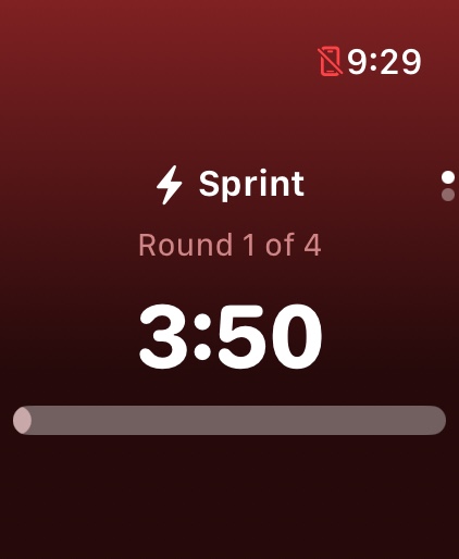 The live interval timer in VO2Cue on Apple Watch.