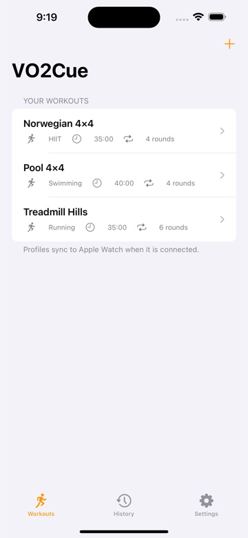 VO2Cue workout library with saved interval profiles.